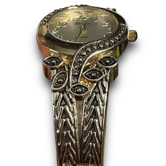 Y2K Vintage Gold Tone Round Face Bangle Cuff Bracelet Watch - Picture 10 of 14